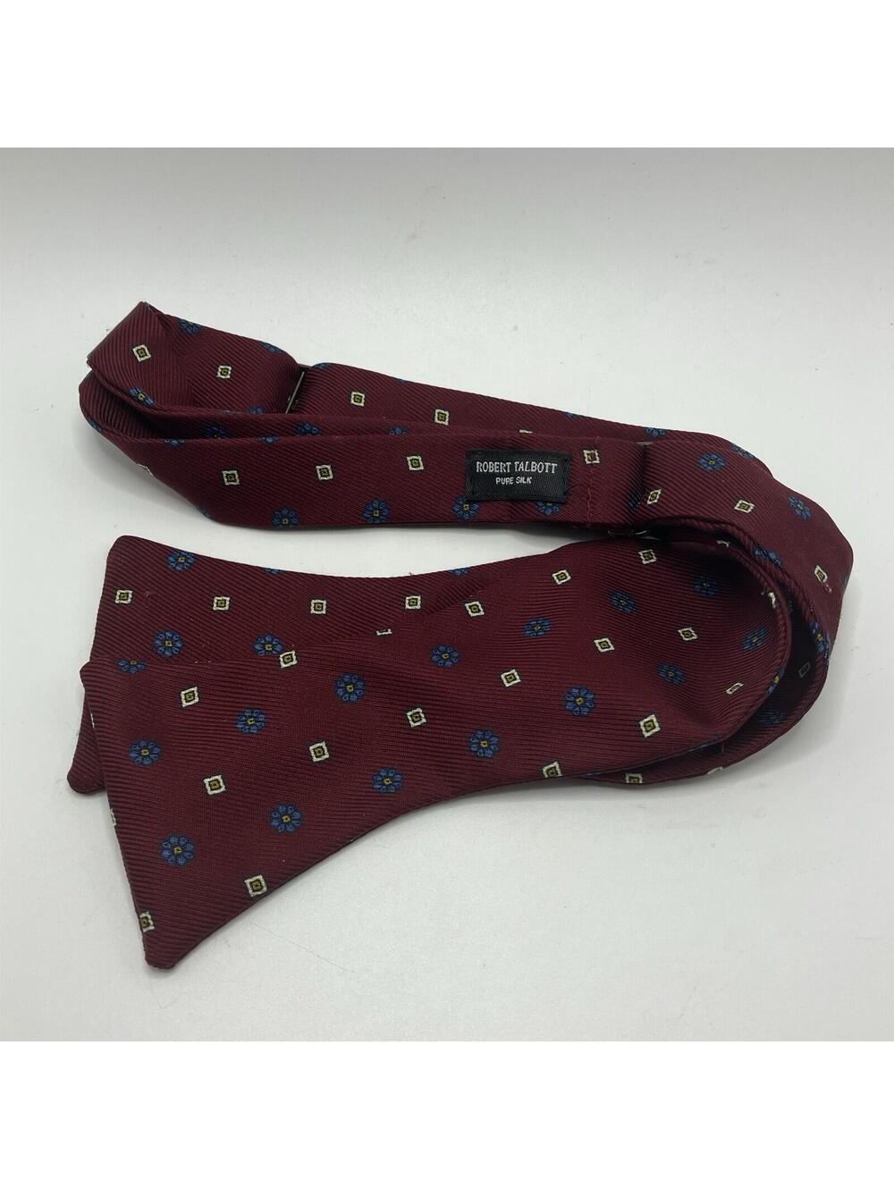 Robert Talbot Men Silk Red Bow Tie Blue White Floral Pattern Geometric Vintage